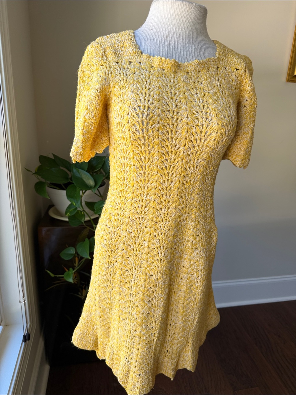 Hand Crafted Yellow Crochet Mini Dress with Scoop Neck